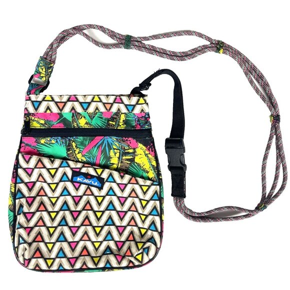 KAVU Vibrant Geometric Tropical Medium Purse Shoulder Rope Bag Corded Strap - Picture 1 of 9